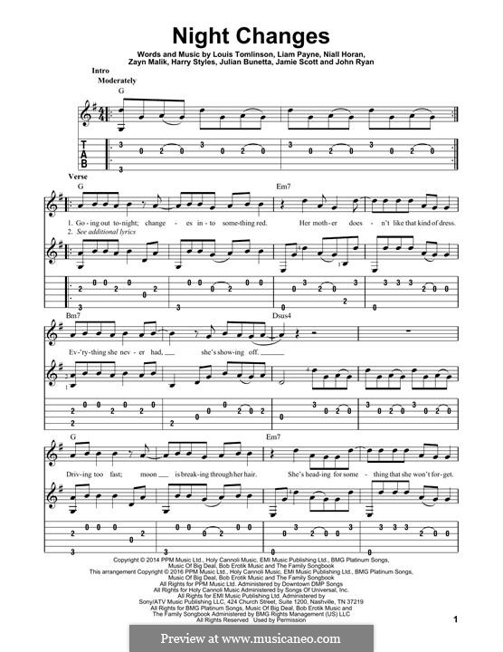 Night Changes (One Direction): Für Gitarre mit Tabulatur by Julian Bunetta, Jamie Scott, Zayn Malik, Louis Tomlinson, Liam Payne, Niall Horan, Harry Styles, John Henry Ryan