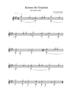 Kommt ihr G'spielen: For guitar (A Major) easy version by Melchior Franck