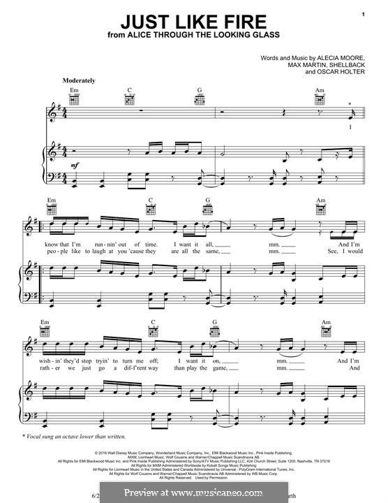 Just Like Fire: Für Stimme und Klavier (oder Gitarre) by Shellback, Alecia Moore, Max Martin
