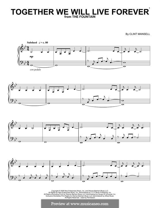 Together We Will Live Forever (from The Fountain): Für Klavier by Clint Mansell