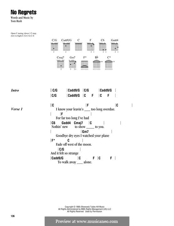 No Regrets (Scott Walker): Text und Akkorde by Tom Rush