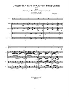 Concerto in A Major for Oboe and String Quartet: Score, parts, CSL1 by Antonio Lotti