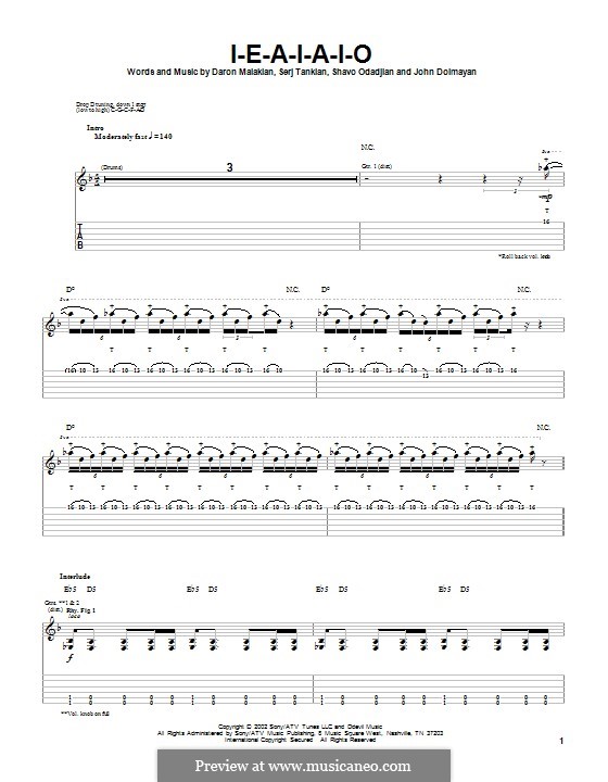 I-E-A-I-A-I-O (System of a Down): Für Gitarre mit Tabulatur by Daron Malakian, John Dolmayan, Serj Tankian, Shavo Odadjian