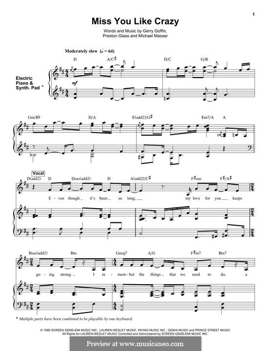 Miss You Like Crazy (Preston Glass): Für Stimme und Klavier (oder Gitarre) by Gerry Goffin, Michael Masser
