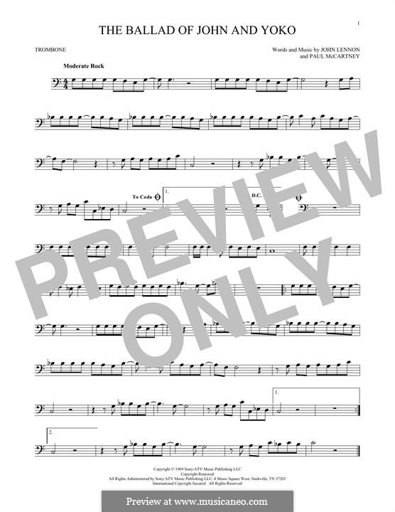 The Ballad of John and Yoko (The Beatles): For trombone by John Lennon, Paul McCartney