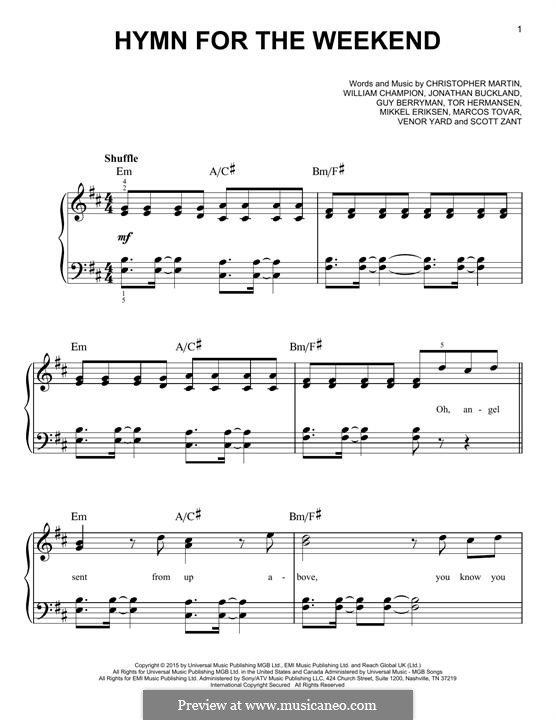 Hymn for the Weekend (Coldplay): Für Klavier by Chris Martin, Guy Berryman, Jonny Buckland, Mikkel Storleer Eriksen, Will Champion, Marcos Jesus Tovar, Scott Alan Zant, Venor Timothy Yard