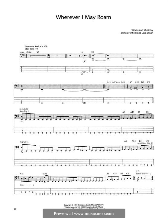 Wherever I May Roam (Metallica): Für Bassgitarre mit Tabulatur by James Hetfield, Lars Ulrich