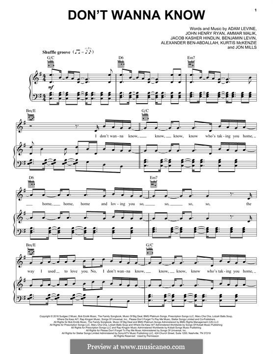 Don't Wanna Know (Maroon 5): Für Stimme und Klavier (oder Gitarre) by Adam Levine, Ammar Malik, Benjamin Levin, Jacob Kasher Hindlin, Jon Mills, Kurtis McKenzie