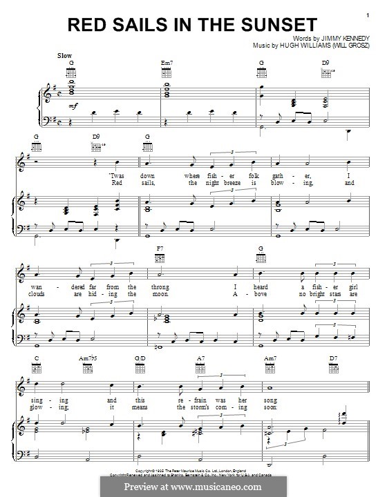 Red Sails in the Sunset (Fats Domino): Für Stimme und Klavier (oder Gitarre) by Hugh Williams