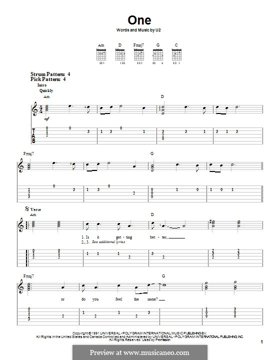 One: Für Gitarre mit Tabulatur by U2, Adam Clayton, David Evans, Larry Mullen Jr., Paul Hewson