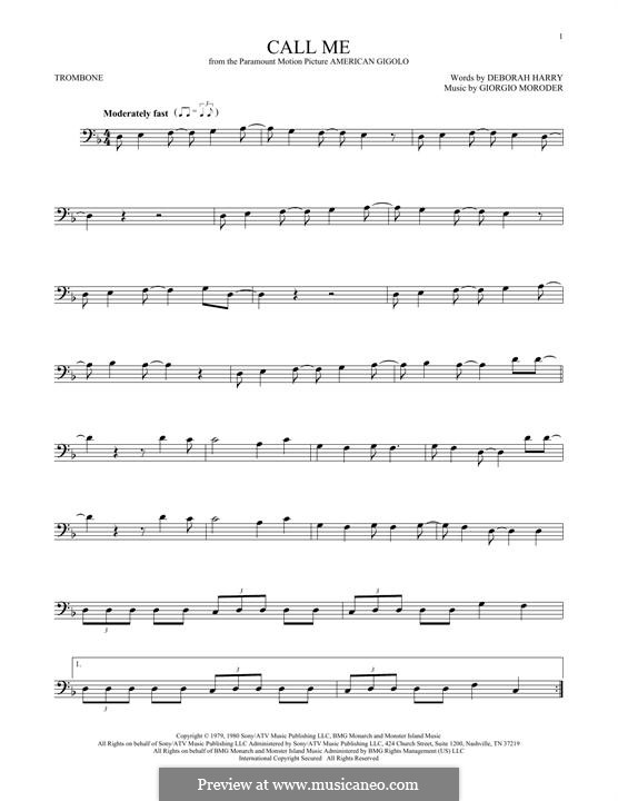 Call Me (Blondie): For trombone by Deborah Harry, Giorgio Moroder
