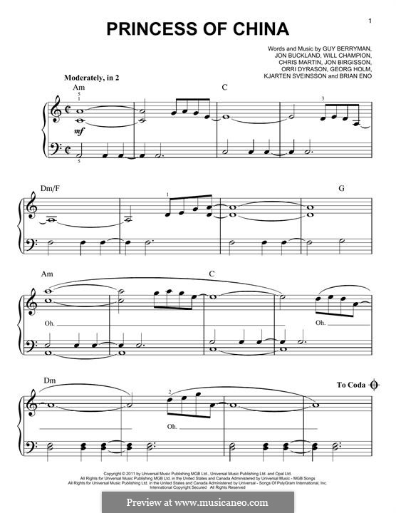 Princess of China (Coldplay): Für Klavier by Brian Eno, Chris Martin, Guy Berryman, Jonny Buckland, Will Champion