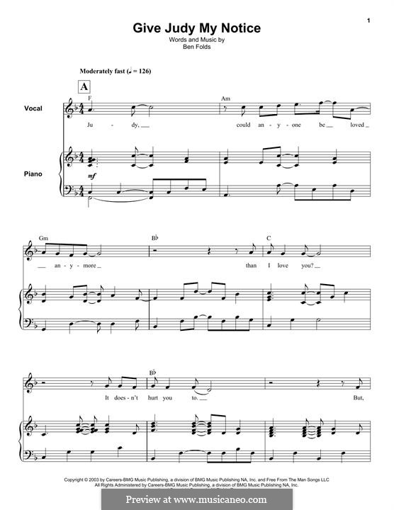 Give Judy My Notice: Für Stimme und Klavier (oder Gitarre) by Ben Folds