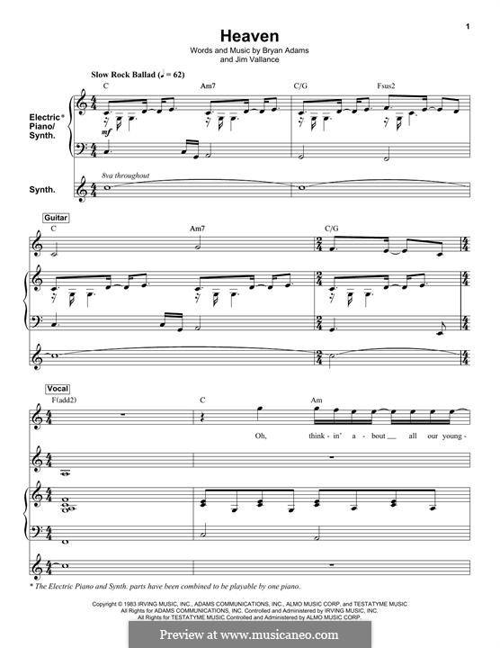 Heaven (DJ Sammy): For voice and electric piano by Bryan Adams, Jim Vallance