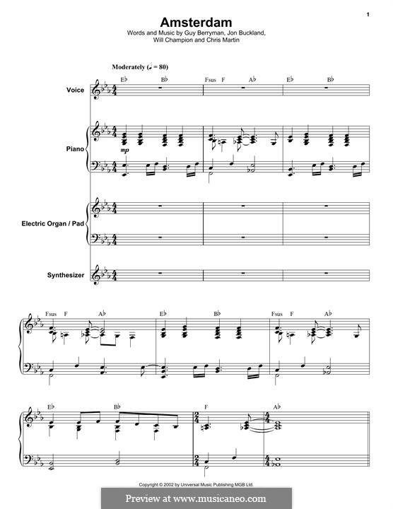 Amsterdam (Coldplay): For voice, piano, organ and synthesizer by Chris Martin, Guy Berryman, Jonny Buckland, Will Champion