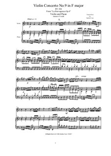 La stravaganza. Twelve Violin Concertos, Op.4: Violin Concerto No.9 in F Major. Arrangement for violin and piano, RV 284 by Antonio Vivaldi
