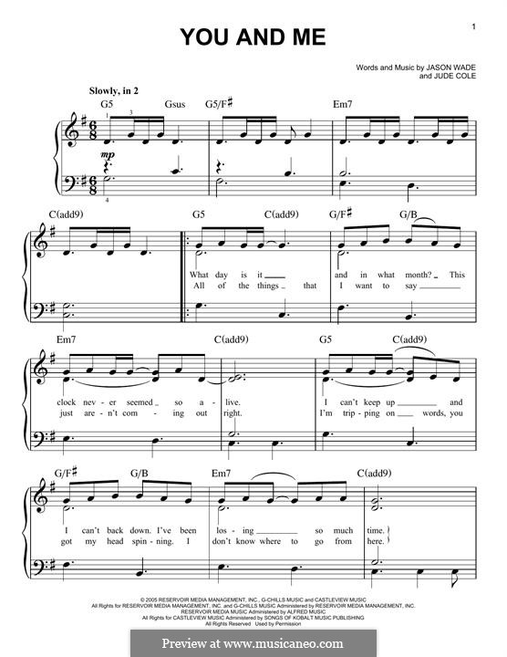 You and Me (Lifehouse): Für Klavier by Jason Wade, Jude Cole