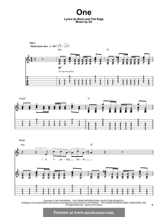 One: Für Gitarre mit Tabulatur by U2, Adam Clayton, David Evans, Larry Mullen Jr., Paul Hewson