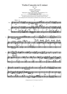 La stravaganza. Twelve Violin Concertos, Op.4: Violin Concerto No.6 in G Minor. Arrangement for violin and piano, RV 316 by Antonio Vivaldi