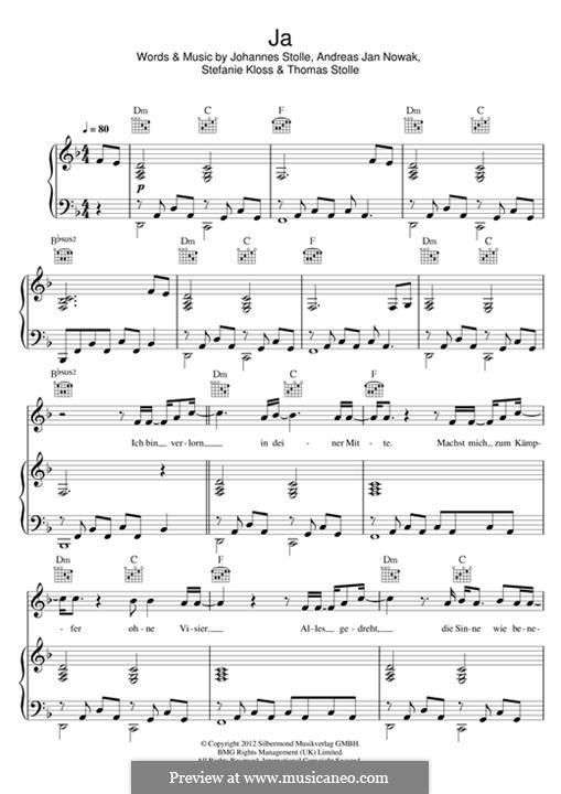 Ja (Silbermond): Für Stimme und Klavier (oder Gitarre) by Johannes Stolle, Thomas Stolle, Andreas Jan Nowak, Stefanie Kloss