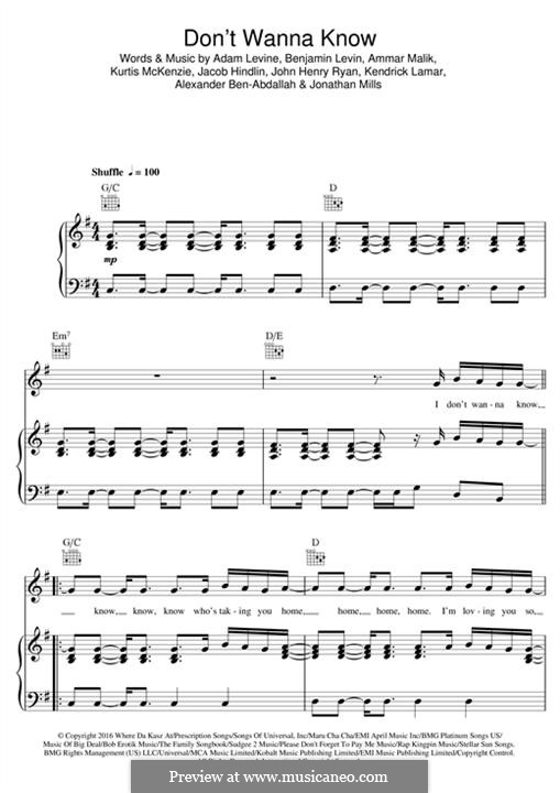 Don't Wanna Know (Maroon 5): Für Stimme und Klavier (oder Gitarre) by Adam Levine, Ammar Malik, Benjamin Levin, Jacob Kasher Hindlin, Jon Mills, Kurtis McKenzie