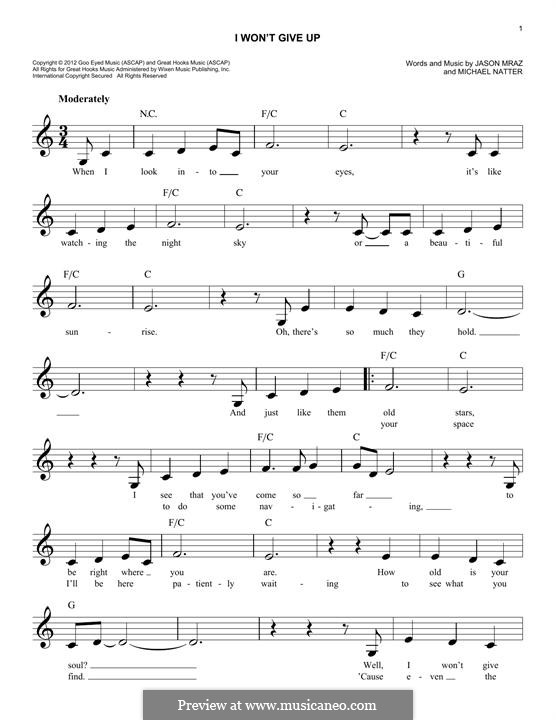 I Won't Give Up: Text und Akkorde by Jason Mraz, Michael Natter