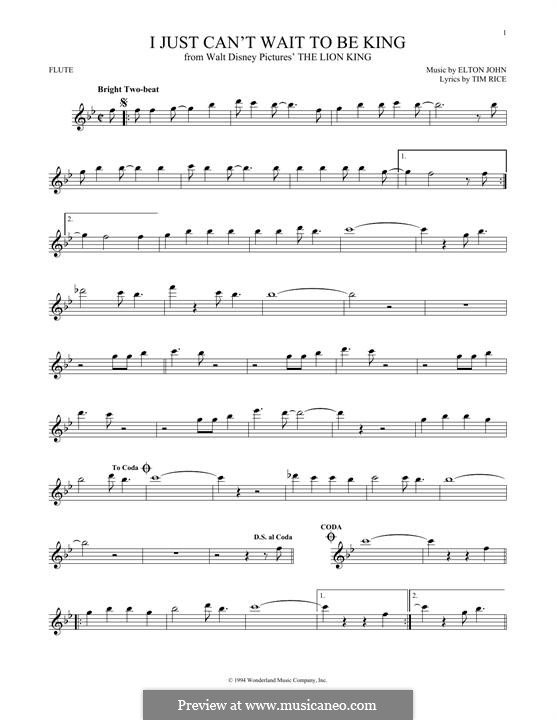 I Just Can't Wait To Be King (from The Lion King): Für Flöte by Elton John