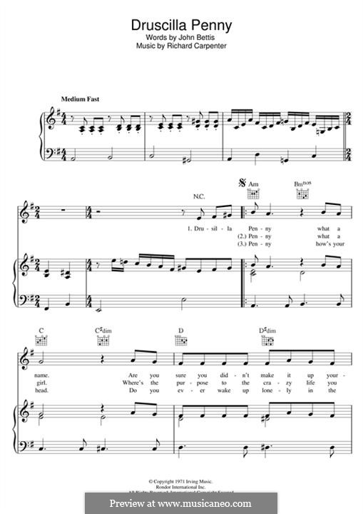 Druscilla Penny (Carpenters): Für Stimme und Klavier (oder Gitarre) by John Bettis, Richard Carpenter