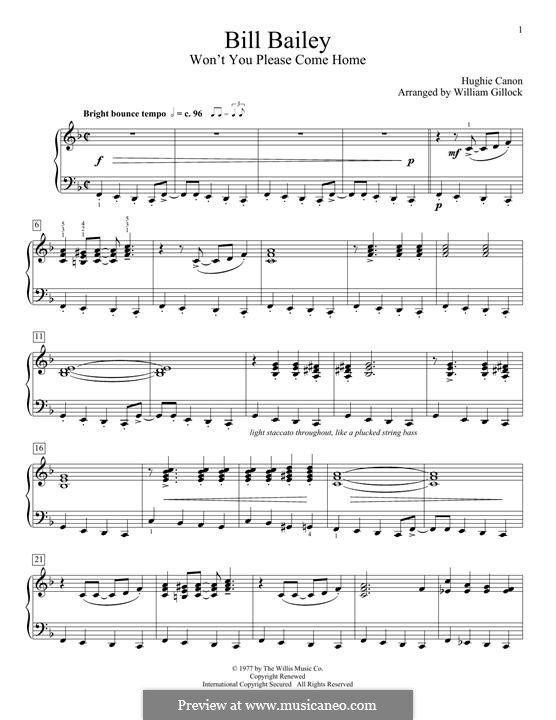 Bill Bailey, Won't You Please Come Home: Für Klavier by Hughie Cannon