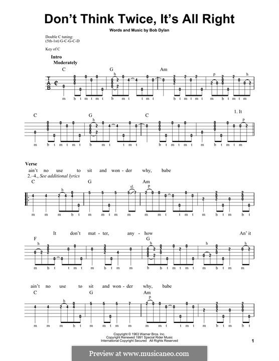 Don't Think Twice, It's Alright: For banjo by Bob Dylan