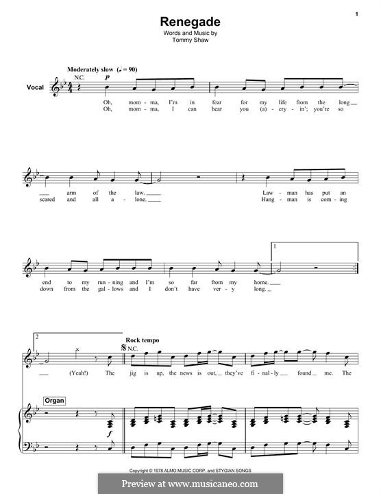 Renegade (Styx): For voice and organ by Tommy Shaw