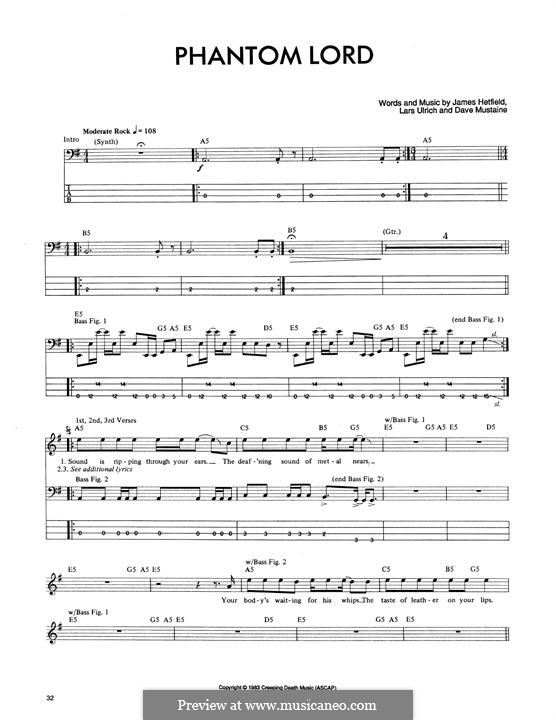 Phantom Lord (Metallica): Für Bassgitarre mit Tabulatur by Dave Mustaine, James Hetfield, Lars Ulrich