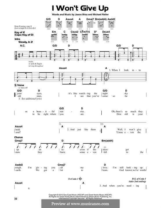 I Won't Give Up: Für Gitarre by Jason Mraz, Michael Natter