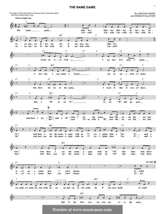 The Name Game (Shirley Ellis): Text und Akkorde by Lincoln Chase, Shirley Elliston