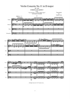 La stravaganza. Twelve Violin Concertos, Op.4: Violin Concerto No.11 in D Major. Arrangement for string quartet, RV 204 by Antonio Vivaldi