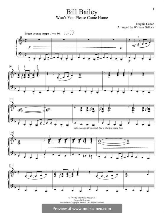 Bill Bailey, Won't You Please Come Home: Für Klavier by Hughie Cannon