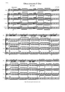 Concerto for Oboe and Strings in F Major, RV 455: Score and parts by Antonio Vivaldi