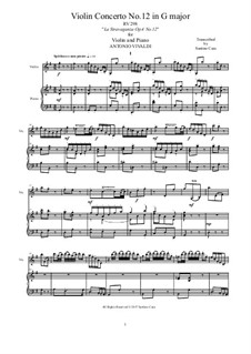 La stravaganza. Twelve Violin Concertos, Op.4: Violin Concerto No.12 in G Major. Arrangement for violin and piano, RV 298 by Antonio Vivaldi