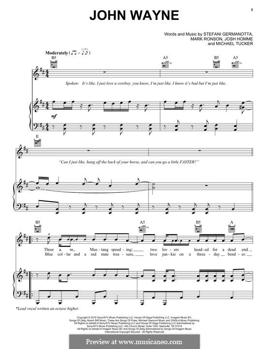 John Wayne (Lady Gaga): Für Stimme und Klavier (oder Gitarre) by Joshua Homme, Mark Ronson, Stefani Germanotta, Michael Tucker