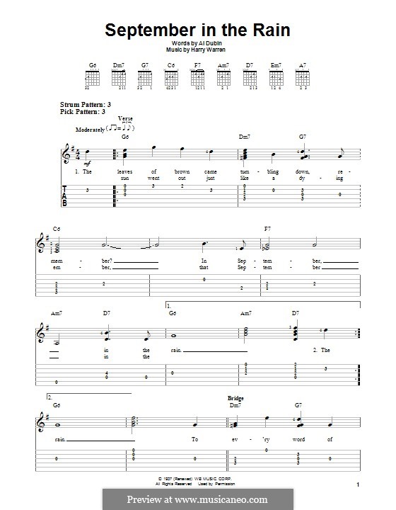 September in the Rain: Für Gitarre mit Tabulatur by Harry Warren