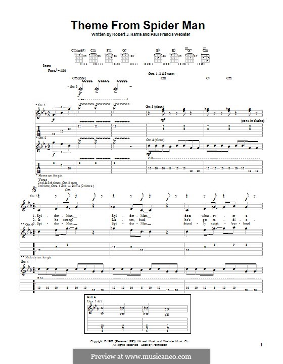 Theme from Spider Man: Für Gitarre mit Tabulatur by Paul Francis Webster