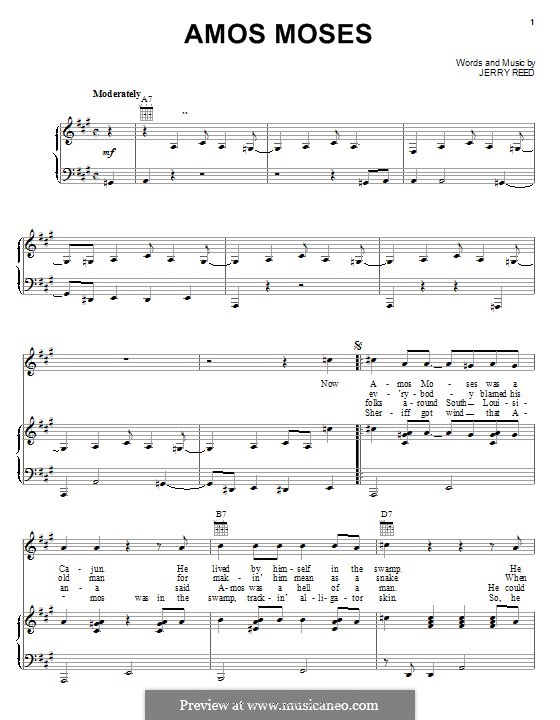 Amos Moses: Für Stimme und Klavier (oder Gitarre) by Jerry Reed