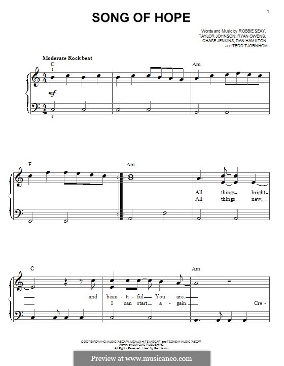 Song of Hope (Robbie Seay Band): Für Klavier by Tedd Tjornhom, Taylor Johnson, Robbie Seay, Dan Hamilton, Ryan Owens, Chase Jenkins