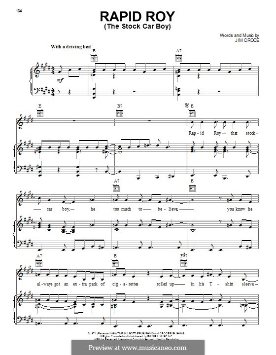 Rapid Roy (The Stock Car Boy): Für Stimme und Klavier (oder Gitarre) by Jim Croce