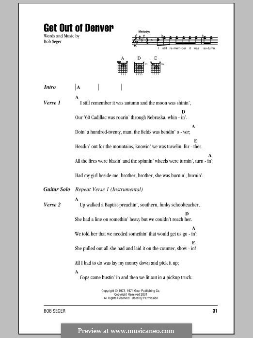 Get Out of Denver: Text und Akkorde by Bob Seger