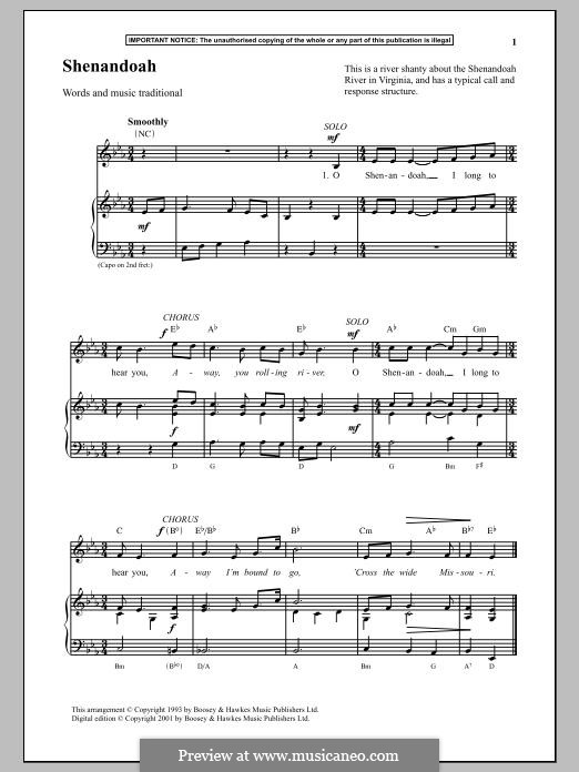 Oh Shenendoah (Shenandoah) Printable Scores: Für Stimme und Klavier by folklore