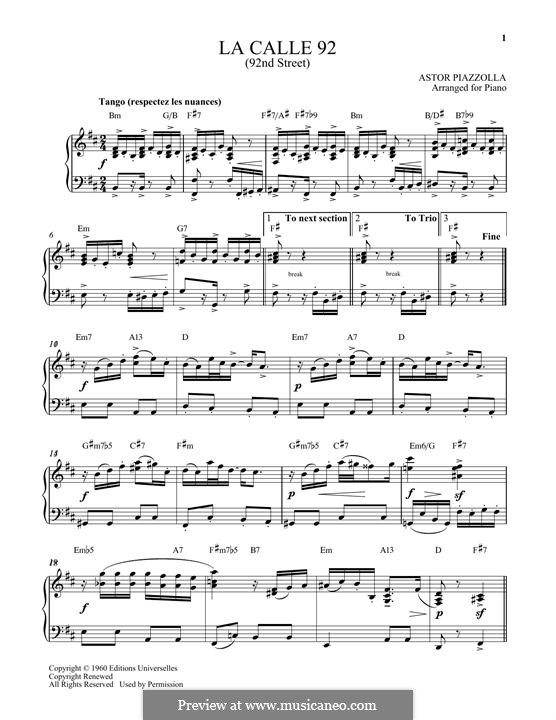 La Calle 92: Für Klavier by Astor Piazzolla