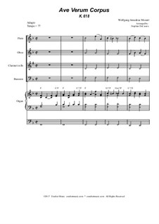 Ave verum corpus, K.618: For woodwind quartet - organ accompaniment by Wolfgang Amadeus Mozart