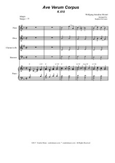 Ave verum corpus, K.618: For woodwind quartet - piano accompaniment by Wolfgang Amadeus Mozart