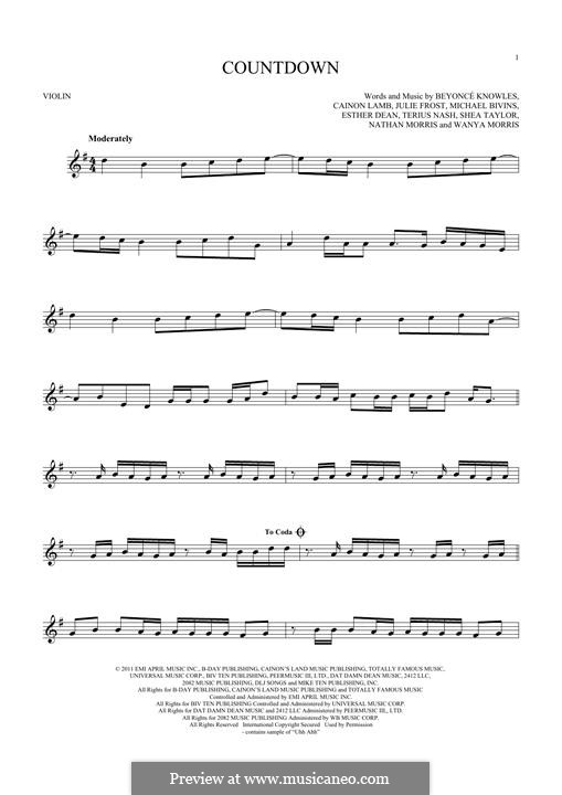 Countdown (Beyonce): Für Violine by Cainon Lamb, Esther Dean, Julie Frost, Michael Bivins, Nathan Morris, Robert Shea Taylor, Shavo Odadjian, Terius Nash, Wanya Morris